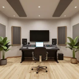 A modern indoor music studio room, clean architecture, some plants, peaceful, 8K octane render