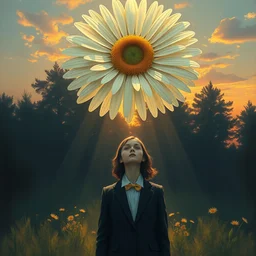 giant daisy flower under head, frontal, a girl in a suit, surreal photography, sunrise, dramatic light, impressionist painting, digital painting, artstation, simon stalenhag