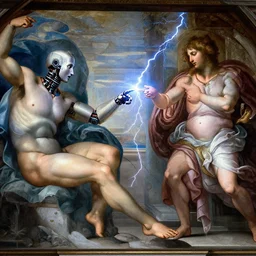 robot inspires lightning energy into the human thru fingers, the creation of adam, classical painting by michelangelo di lodovico buonarroti simoni