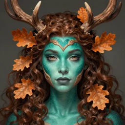 beautiful digital painting of freya allan with teal skin and antlers made of wood on her head, brown curly hair with orange oak leaves, heart shaped face, D&D, fantasy, intricate, beautiful eyes, cinematic lighting, highly detailed, digital painting, Artstation, concept art, smooth, sharp focus, illustration, art by Artgerm and Greg Rutkowski, Alphonse Mucha and Rossdraws