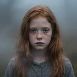 photograph of a creepy ten year old girl peering through fog, red hair, freckles