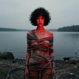liminal!!, portrait, shore of the lake, woman, wrapped around by tubes and cables, short black curly hair, glowing red, by edgar maxence and ross tran, zdzisław beksinski, and michael whelan, distant, gustav dore, h. r. giger, 8 k, octane render
