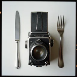 kodak portra 4 0 0, 8 k, highly detailed, britt marling style, studio photography of a knife and fork, 1 9 2 0 s style, asymmetrical, hasselblad