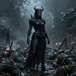 demonic figure standing in the rain after big battle soldiers dead behind him dark award winning, trending on artstation, unreal engine