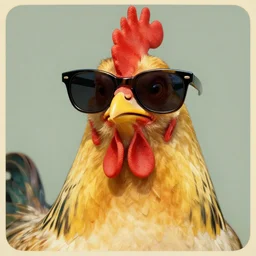 a portrait of the funky chicken smiling and wearing huge sunglasses by alphones mucha