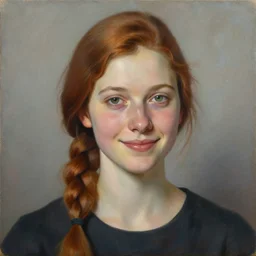 a beautiful painting of a smiling young mother with auburn side braid and tired hazel eyes representative of the art style of artgerm and wlop and peter mohrbacher, portrait