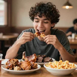 short curly haired mixed Hispanic 20 year old with a huge underbite is excited to feast on chicken, pork, beef, Mac and cheese on the table in front of him