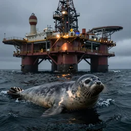 a leopard seal in the dark waters underneath an oil rig,