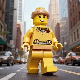 hyperrealistic giant enormous lego minifigure walking over city street, street view, epic lighting, composition, view from ground, buildings, cars, sky