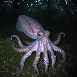 a weird giant squid octopus caught on trailcam nightvision footage camera, grainy low quality, forest