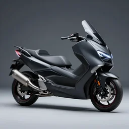 photo of a futuristic yamaha tmax concept scooter, slick rims, black matte paintjob, tiranium racing exhaust, studio light, 8 5 mm, f / 1. 3