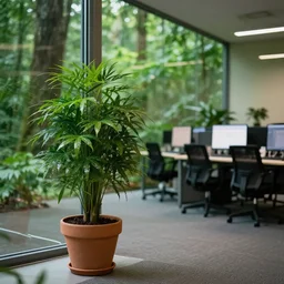 photography of a green office interior in forest, a potted plant,, desks and computers in the background