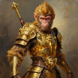 beautiful monkey warrior, half body portrait, long flowing hair, heavy gold armour, realistic oil painting by Boris Valejo
