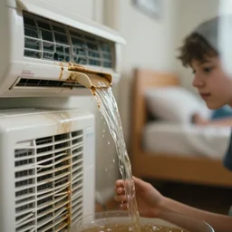 dirty water flowing from the dirty air - conditioning machine in the bedroom of a young teenager, blurred, faded, depth of field, ultra realistic, very detailed, by gerhard richter, neo rauch and nadav kander, 8 k hyper realistic detailed cinematic still