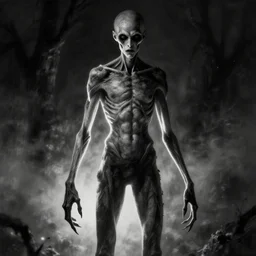 skinny and slender monster, long arms and legs, visible veins, dark face, black & white, horror, creepy, resident evil, silent hill
