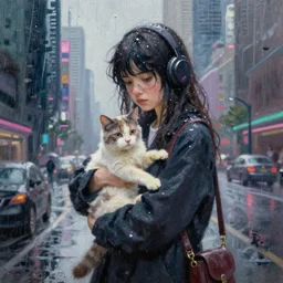 “ a girl holding a cat in futuristic new york city, ghostpunk, heavy rain, high detail, oil painting, by george bellows ”