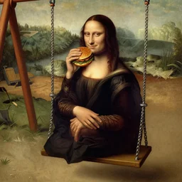 leonardo davinci eating a hamburger on a swing set, playground, renaissance era, lowbrow, matte painting, highly detailed, in the style of mark ryden