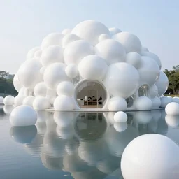 many white sphere spaces are combined like soap bubbles to form an architectural space, which is designed by antti lovag on the calm water surface