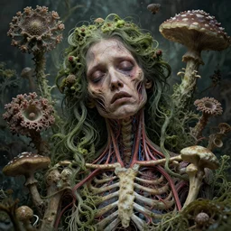 very sad and detailed rotten woman corpse with fractal plants and fractal flowers and mushrooms growing around, face muscles, veins, arteries, bones, anatomical, intricate, ornate, surreal, ray caesar, john constable, guy denning, dan hillier