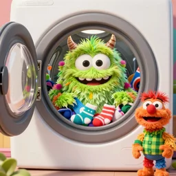 silly monster inside dryer with lots of socks, by rudolf hausner and jim henson, thomas kinkade, 3 d model, octane render, daytime made in blender, trending on artstation, trending on nightcafe, unreal engine, behance, wallpaper 4 k, realism, bright loud colors