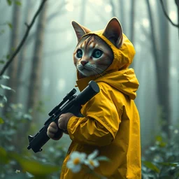 portait of a cute humanoid cat soldier wearing a yellow raincoat, venturing through a dense forest, carrying a rifle. realistic 4 k octane render, epic composition, magical atmosphere, ultra hd, masterpiece by petros afshar and dean ellis, trending on artstation, looking back over shoulder, pastel colors, extremely detailed, gorgeous