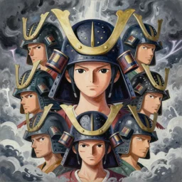 painting of a girl with samurai helmets in the style of one piece, calm, fantasy character portrait, dynamic pose, above view, sunny day, thunder clouds in the sky, artwork by jeremy lipkin and giuseppe dangelico pino and michael garmash and rob rey and greg manchess and huang guangjian and makoto shinkai, very coherent asymmetrical artwork, sharp edges, perfect face, simple form, 1 0 0 mm