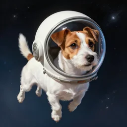 white jack russell terrier, flying in space in a helmet, photorealism, digital painting, 4 k