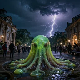alien encounter captured with a 3 5 mm photography, realistic, flash, pov, slime, veins, wet, nightmare in the park, small crowd of people, calamity, dark storms with lightning, 8 k, in a baroque style