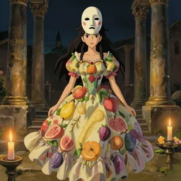 a full body portrait of a young latin woman in a flowery fruit - based dress, with a greek mask on her head, night lighting with candles delicate features finely detailed perfect art, at an ancient city, gapmoe yandere grimdark, trending on pixiv fanbox, painted by greg rutkowski makoto shinkai takashi takeuchi studio ghibli