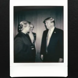 polaroid photograph of donald trump meeting aliens, black and white, blurry