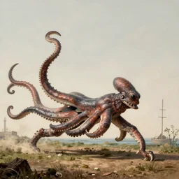 landscape, a realistic portrait and realism, a humanoid kraken running with 1 9 th century wetsuit, fine art, sharp focus, ten flats, digital art, bright colors, trending on artstation, unreal engine.