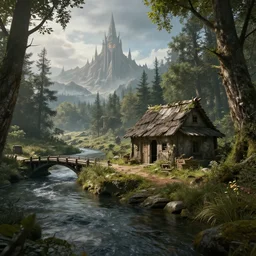 a shack in the woods near a river, little medieval bridge over river, mordor and eye of sauron in background, realistic, octane render, ultra detailed, artstation award winner