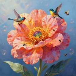 insane flower painting with birds and insects, vivid beautiful colors, sunlight, realistic shadows, reflections, ethereal space, by James Jean and Ross Tran and James Gilleard and Mark Ryden