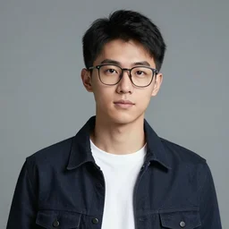 a young male model with glasses staring at the camera in a casual jacket, professional portrait photography