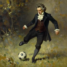 mozart kicks soccer ball at beethoven oil painting by frank frazetta by greg rutkowski