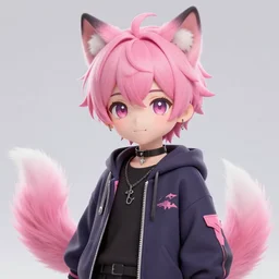 cute anime boy with pink hair and pink wolf ears and pink wolf tail wearing stylish clothes. very detailed digital painting, trending on artstation, octane render, random artists