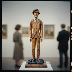 kodak portra 4 0 0, wetplate, muted colours, blueberry, 1 9 3 0 s style, award winning portrait of wooden skulptur of prince by willy verginer in a vernissage, haze, motion blur, in the style of britt marling and by georges melies