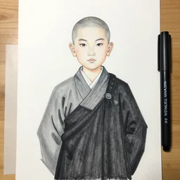 black marker drawing of a chinese boy monk