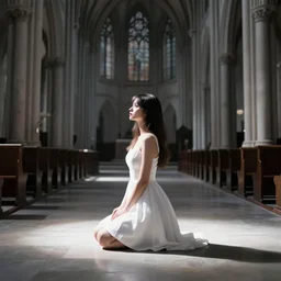a young woman in an empty cathedral, sideways, on her knees, wearing a white dress, sideway, sharp focus, high contrasts, full body, establishing shot, fantasy, digital art by eddie mendoza and greg rutkowski, in the style of disco elysium, trending on artstation