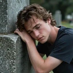 river phoenix leaning on a grave stone, sadness, matte detailed photo portrait, DeviantArt, Artstation, by donato giancola, ralph horley, loish, cinematic lighting
