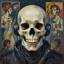 a beautiful painting of a cyberpunk skull, music, by sachin teng and pascal blanche and alphonse mucha and nekro and josan gonzalez in style