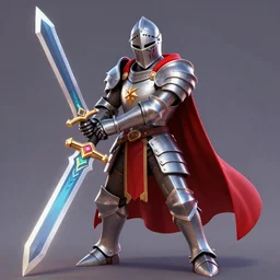 a knight in metallic armor and red Cape wielding a magical sword, fortnite, stylized