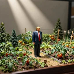 donald trump in his garden with tomato plants, natural history diorama
