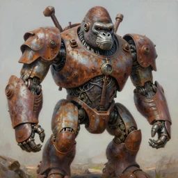 oil painting of a huge rusting mech, that resembles a gorilla, highly detailed, complex, intricate