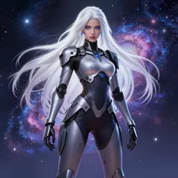 perfect android girl family, full body character design, warframe armor, beautiful face, scifi, futuristic, galaxy, nebula, bae suzy, dreamy, long white hair!!!, blue eyes, bold fashion and strong silhouettes, cinematic lighting, highly detailed, artstation, divine, by huifeng huang, smooth gradient.