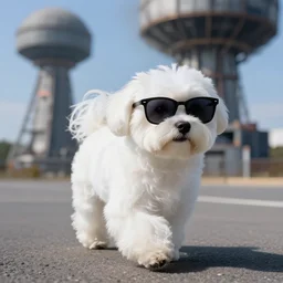 a white fluffy dog, maltese, walking away from a nuke with sun glasses on, highly detailed, mega detailed,