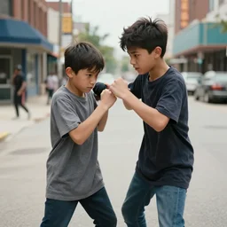 “gigachad in a street fight with a scrawny dark haired boy in the streets of Kansas City”