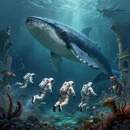 Astronauts and some mythical animals are under the sea, they are swimming away from the giant leviathan that is behind hunting them, this is an extravagant planet with wacky wildlife, the background is full of ancient ruins, the ambient is dark with a terrifying atmosphere, by Jordan Grimmer digital art, trending on Artstation,