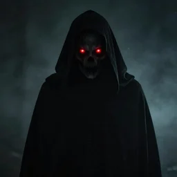 cloaked figure in shadow with glowing red eyes, scary, creepy, horror