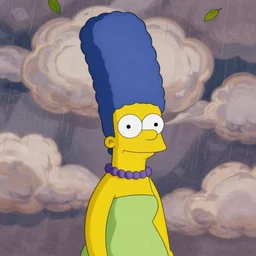 beautiful painting of Marge Simpson in the style of René Magritte, clouds, rain, leaves